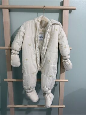 ZARA Cream Quilted Baby One-Piece Snowsuit with Sherpa Lining